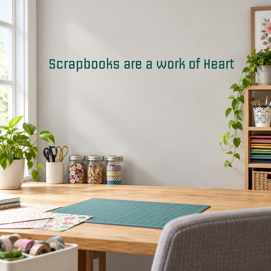 Heart-themed wall decal with teal text: 'Scrapbooks are a work of Heart'