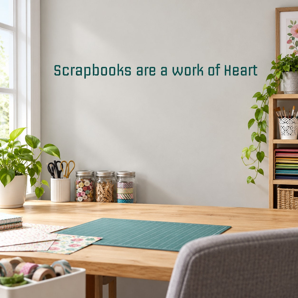Heart-themed wall decal with teal text: 'Scrapbooks are a work of Heart'