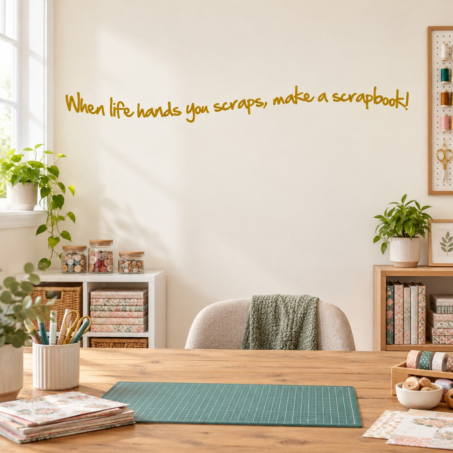 Wall decal text in yellow: “When life hands you scraps, make a scrapbook!”