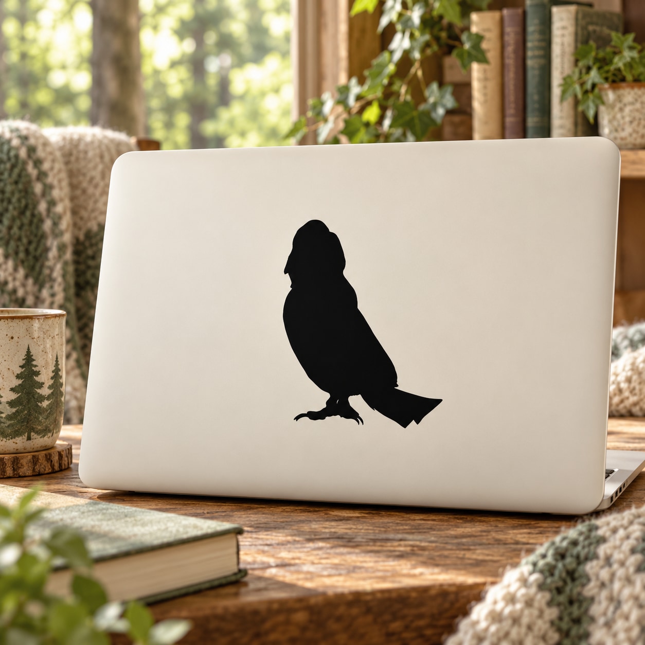 Black screech owl silhouette decal on light laptop lid