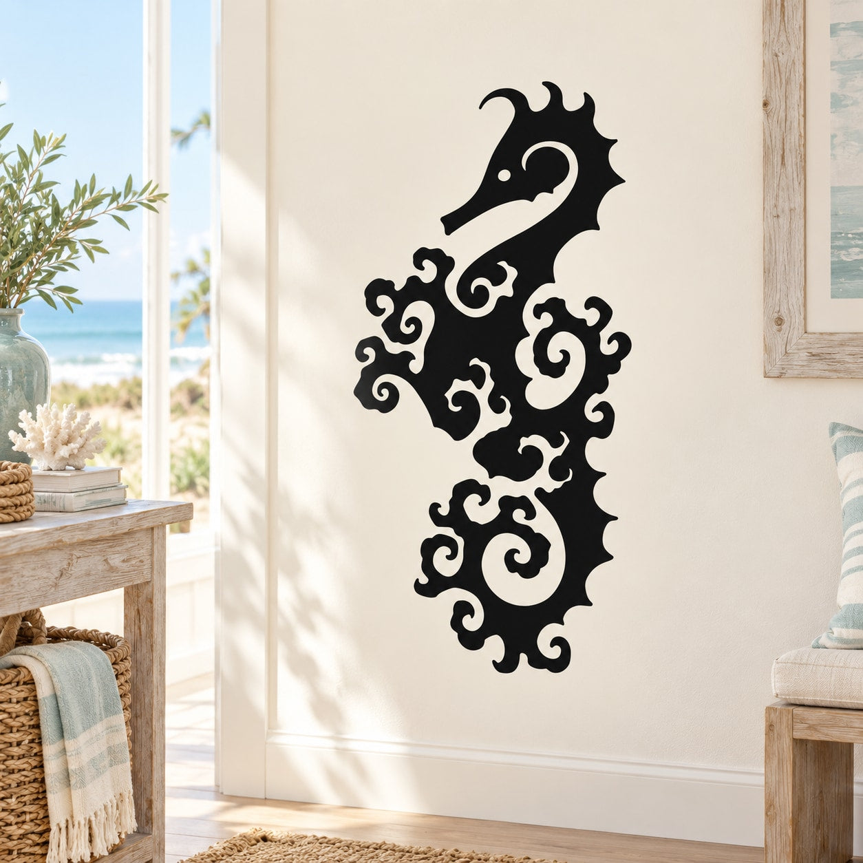 Seahorse wall decal with ornate swirling design, black silhouette