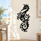 Seahorse wall decal with ornate swirling design, black silhouette