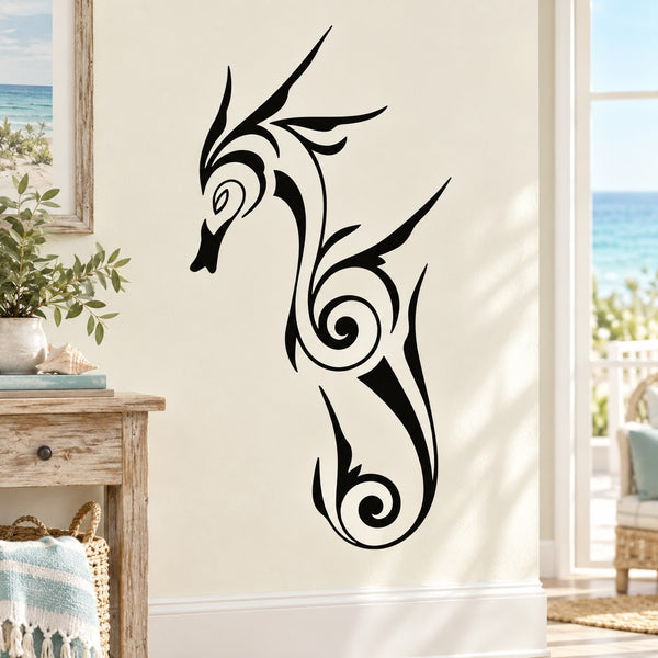 Black seahorse wall decal with ornate swirl and spiral details