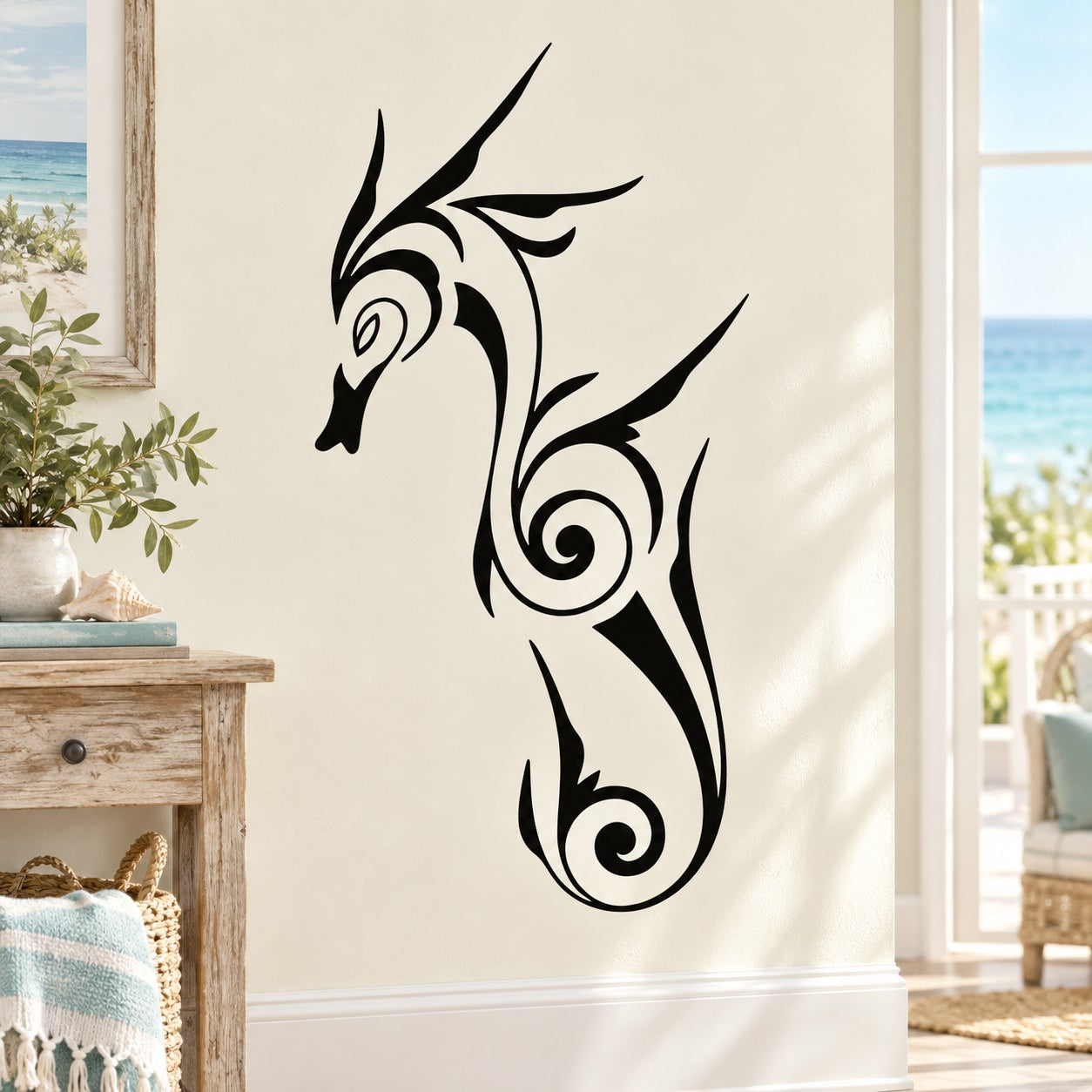 Black seahorse wall decal with ornate swirl and spiral details