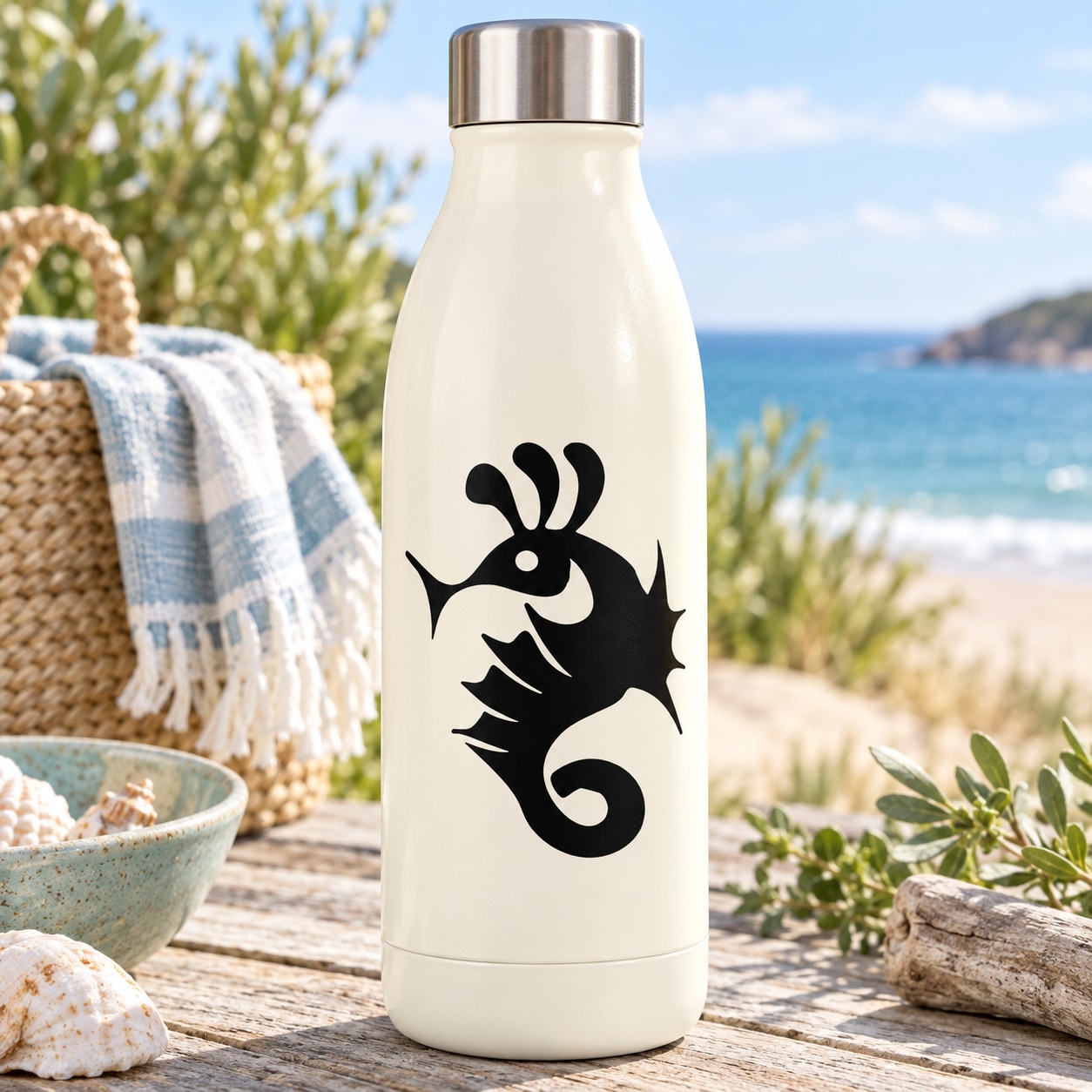 Seahorse decal on white bottle, black seahorse silhouette with swirl tail