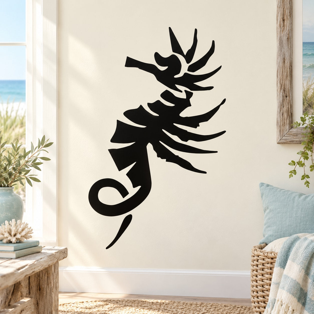 Black seahorse decal with decorative tail on wall