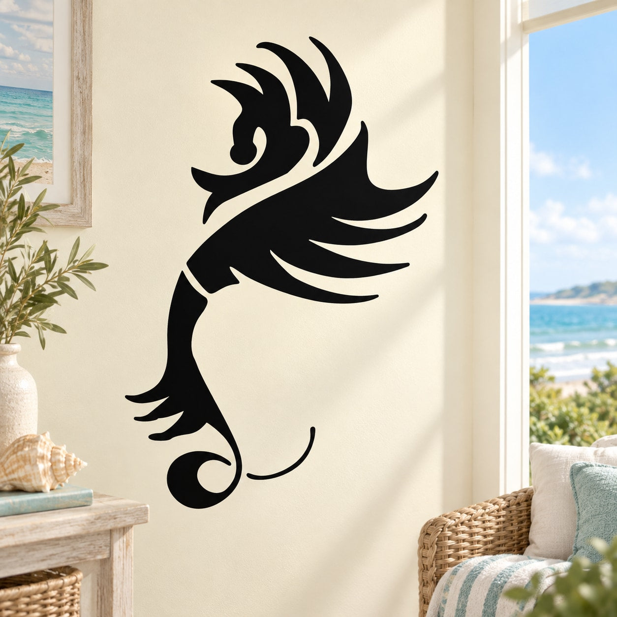 Abstract black seahorse wall decal with flared fan-like tail and curling fins