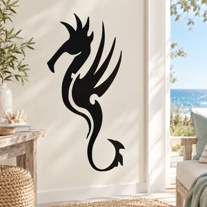Black seahorse wall decal with intricate flame-like fins