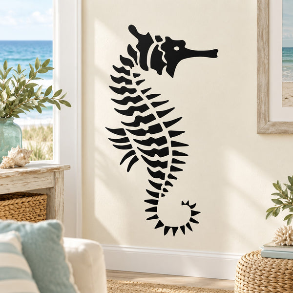 Black seahorse decal sticker with curled tail and wavy spine design
