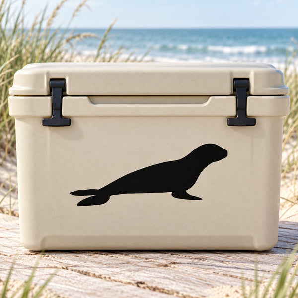 Sea lion resting decal, black silhouette on light-colored cooler lid