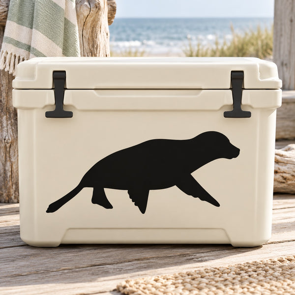 Black paddling seal decal sticker on cream cooler side