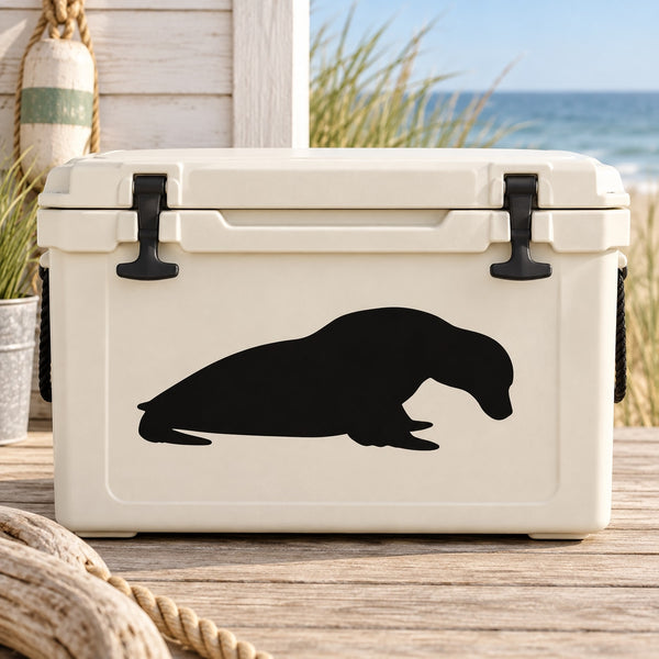 Black seal graphic decal on white cooler
