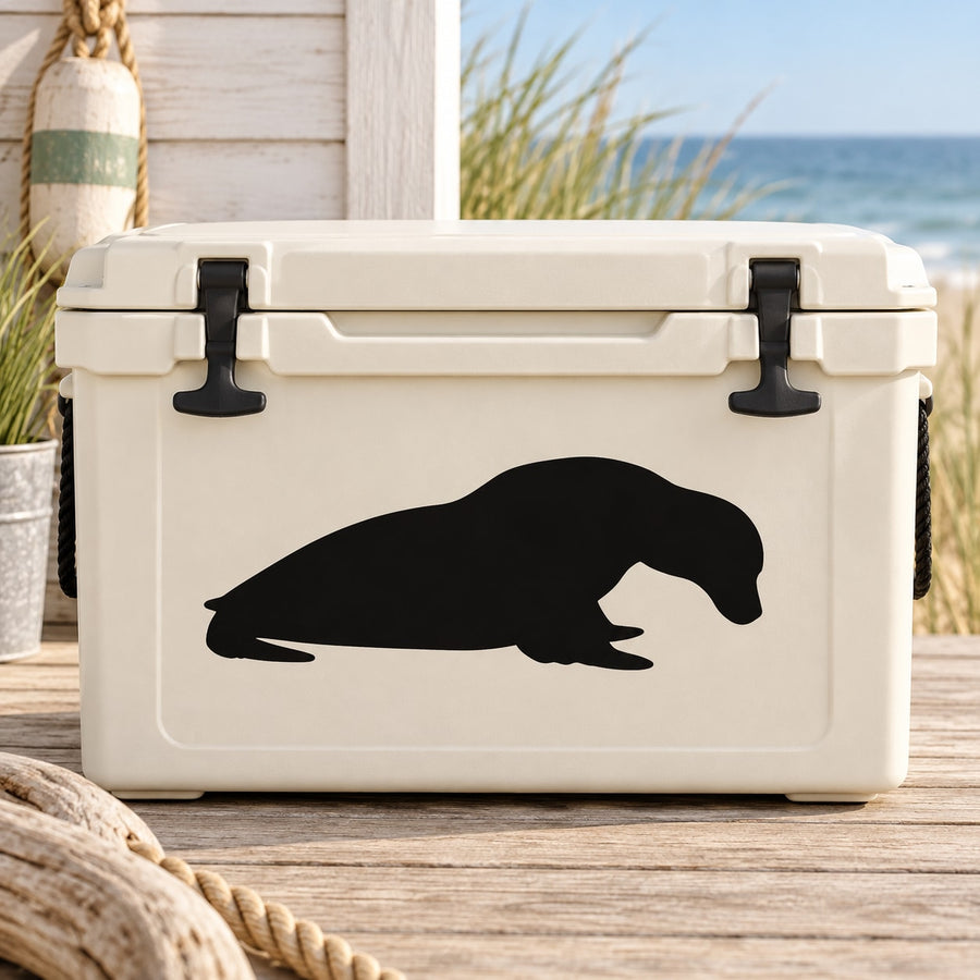 Black seal graphic decal on white cooler