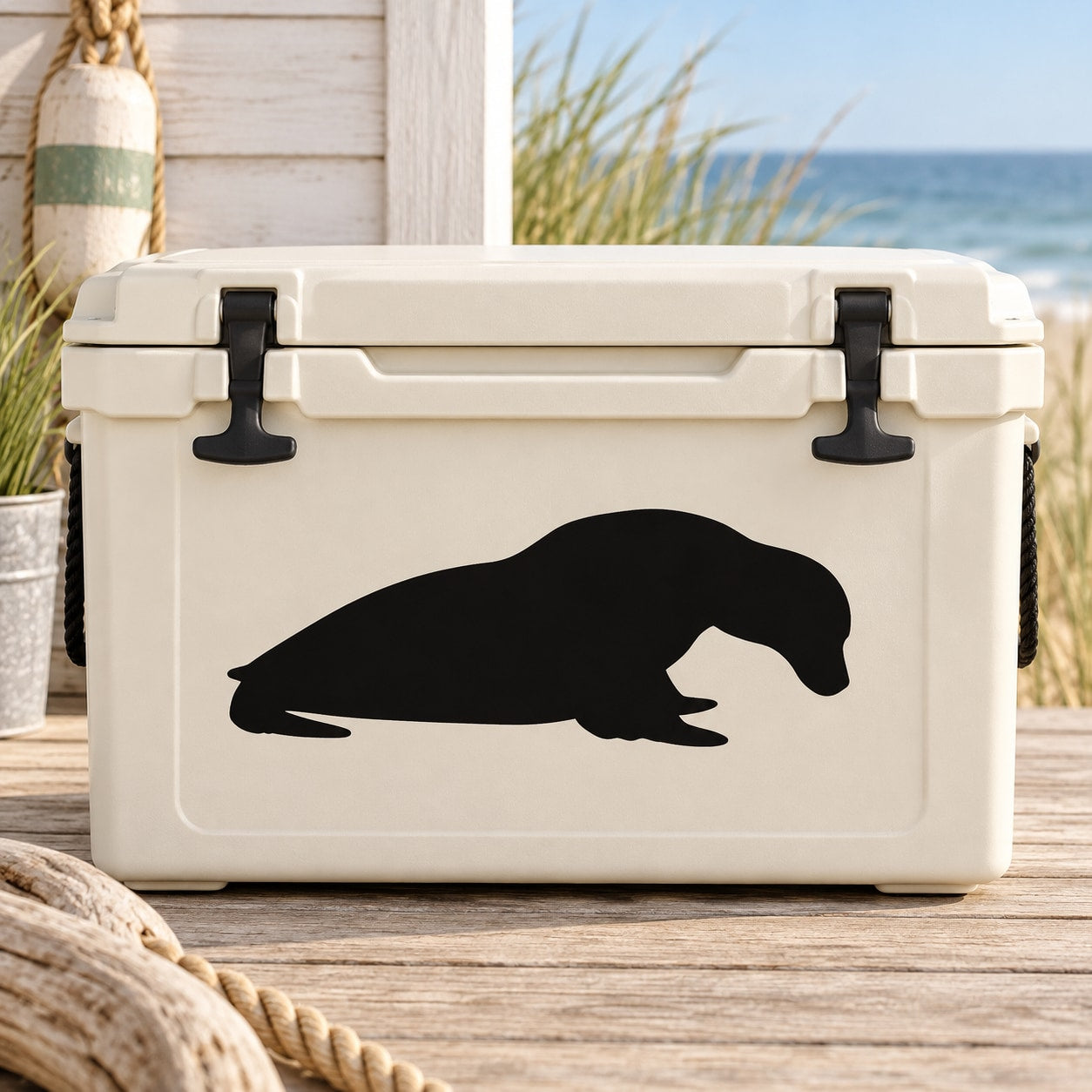 Black seal graphic decal on white cooler