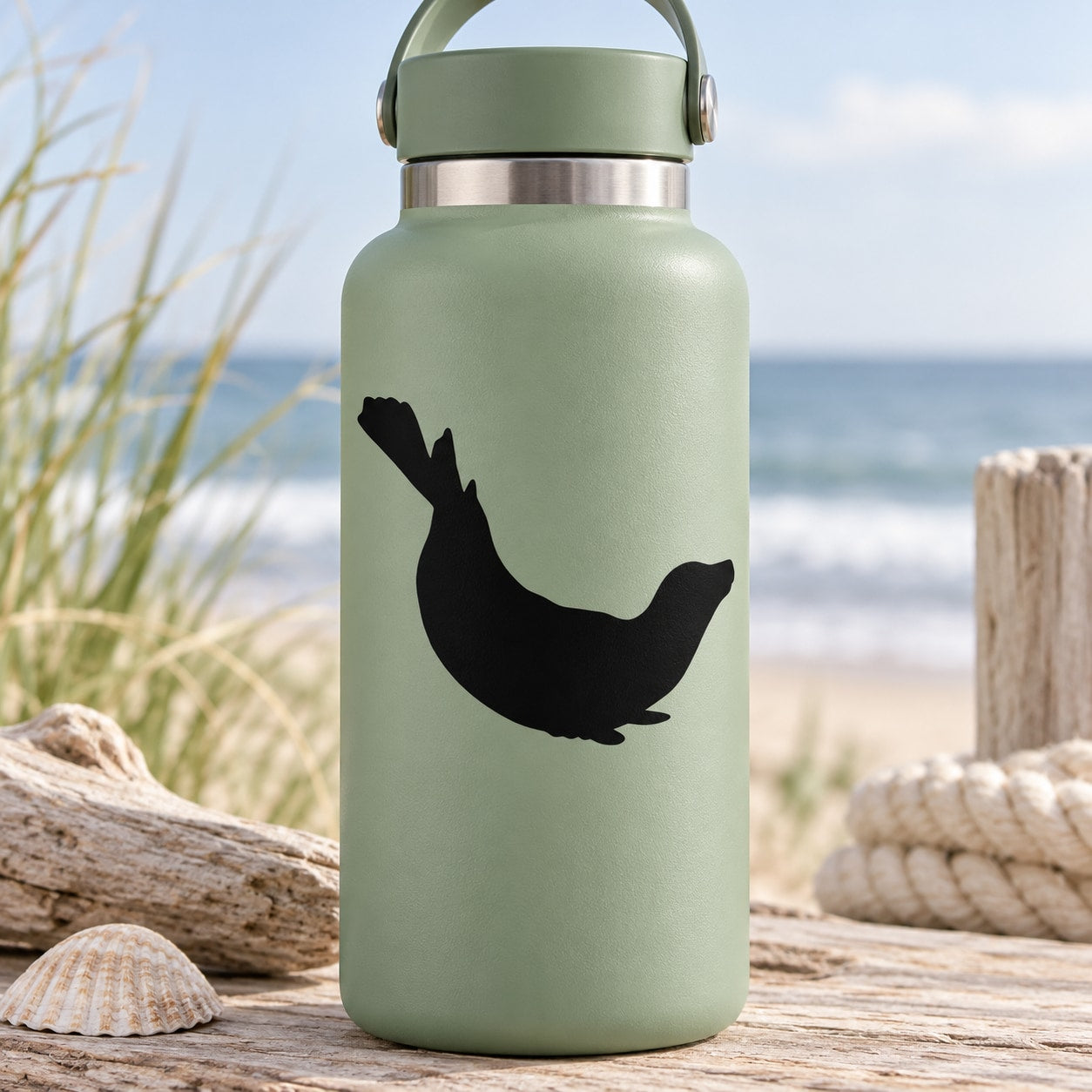 Black prancing seal silhouette decal on sage green water bottle