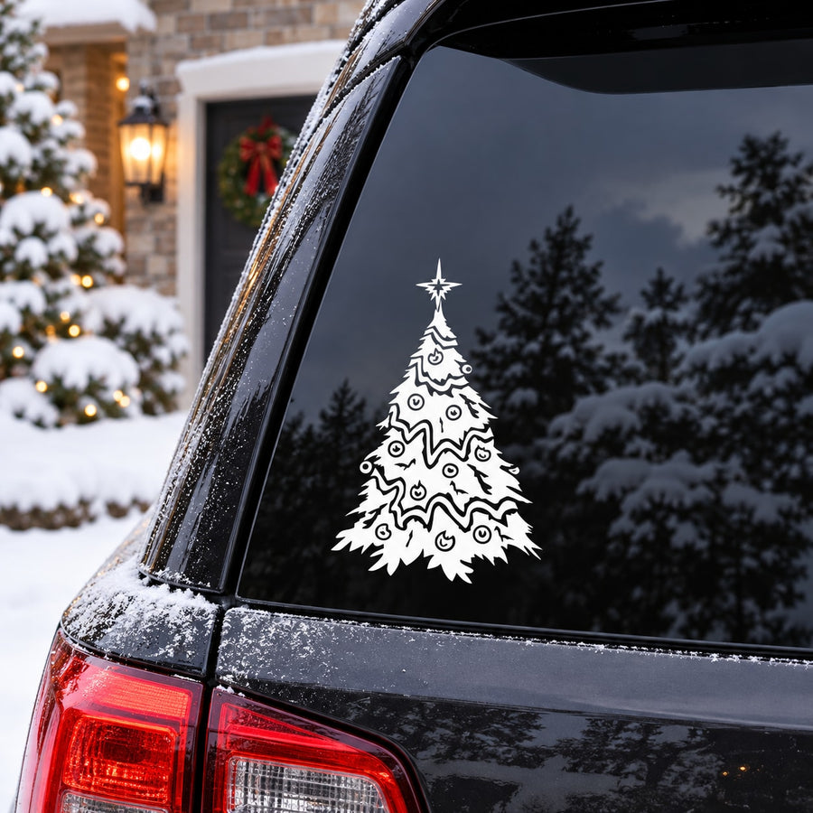 Christmas tree decoration decal, white outline on dark car window
