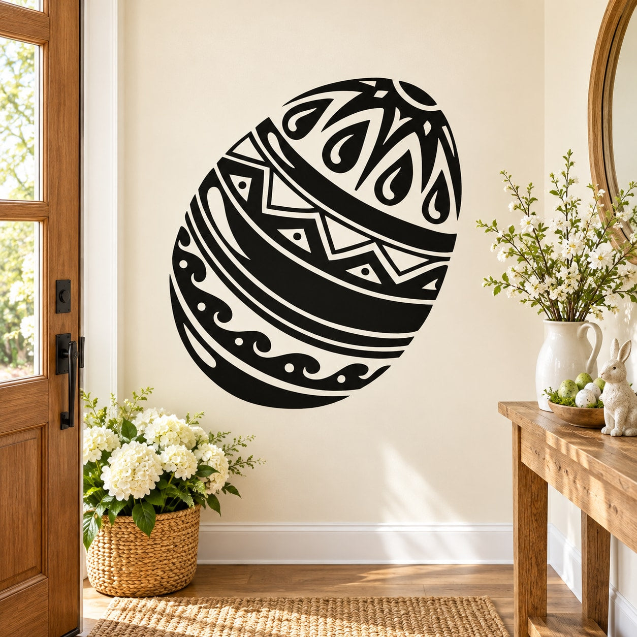 Intricately decorated Easter egg decal with bold black patterned oval design
