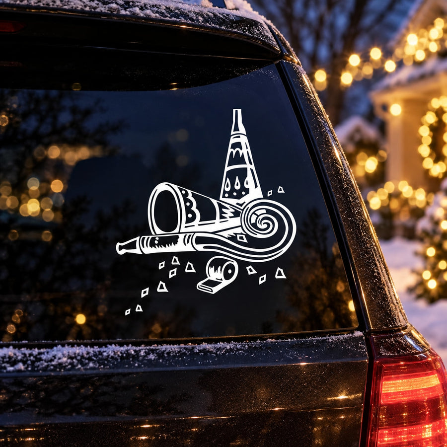 Happy New Years Seasonal Holiday Car Window Vinyl Decal Sticker Stickers 09 — illustrative vinyl decal application mockup. Surrounding objects are not included.