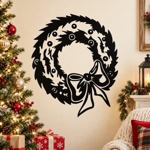 Holiday wreath decal with bow, circular leaf design and berry-like dots