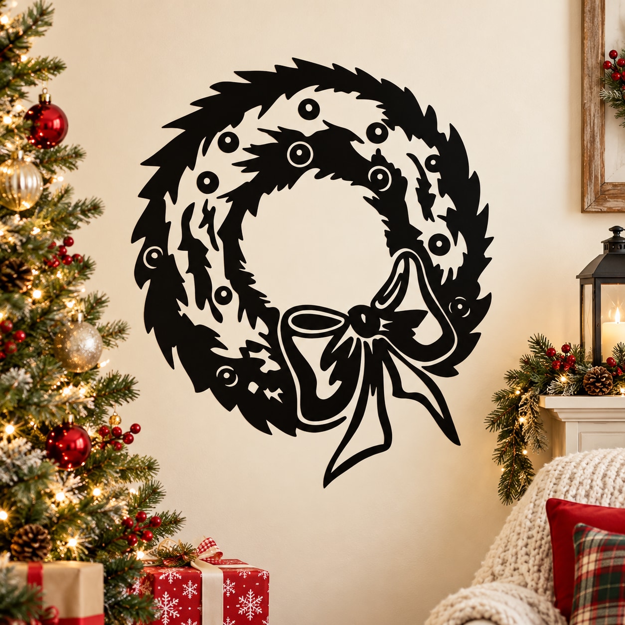 Holiday wreath decal with bow, circular leaf design and berry-like dots