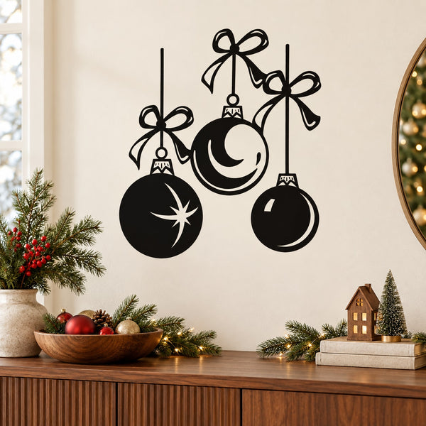 Black hanging baubles vinyl wall decal with three ribbon bows and ornament shapes