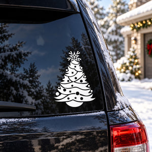 Wavy Christmas tree window decal with snowflake and dots, white