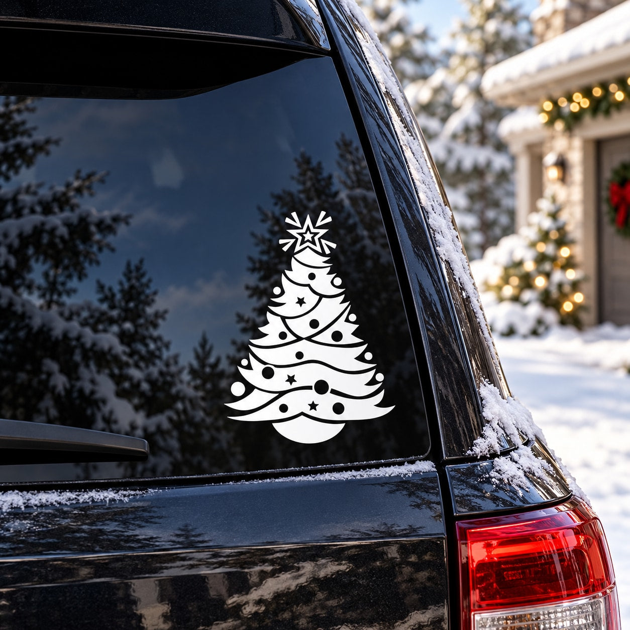 Wavy Christmas tree window decal with snowflake and dots, white