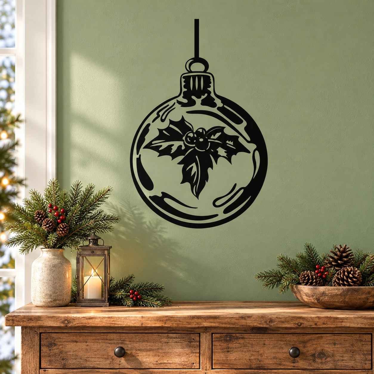 Holly ornament decal featuring a hanging black bauble with holly leaves and berries