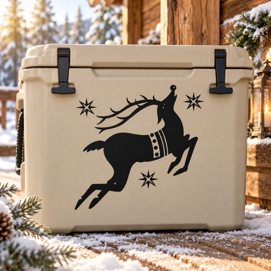 Reindeer silhouette holiday decal with star accents on light beige background