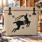 Reindeer silhouette holiday decal with star accents on light beige background