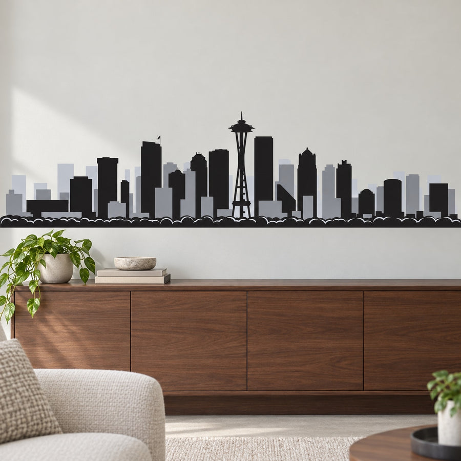 Seattle Washington Skyline Sticker — illustrative vinyl decal application mockup. Surrounding objects are not included.