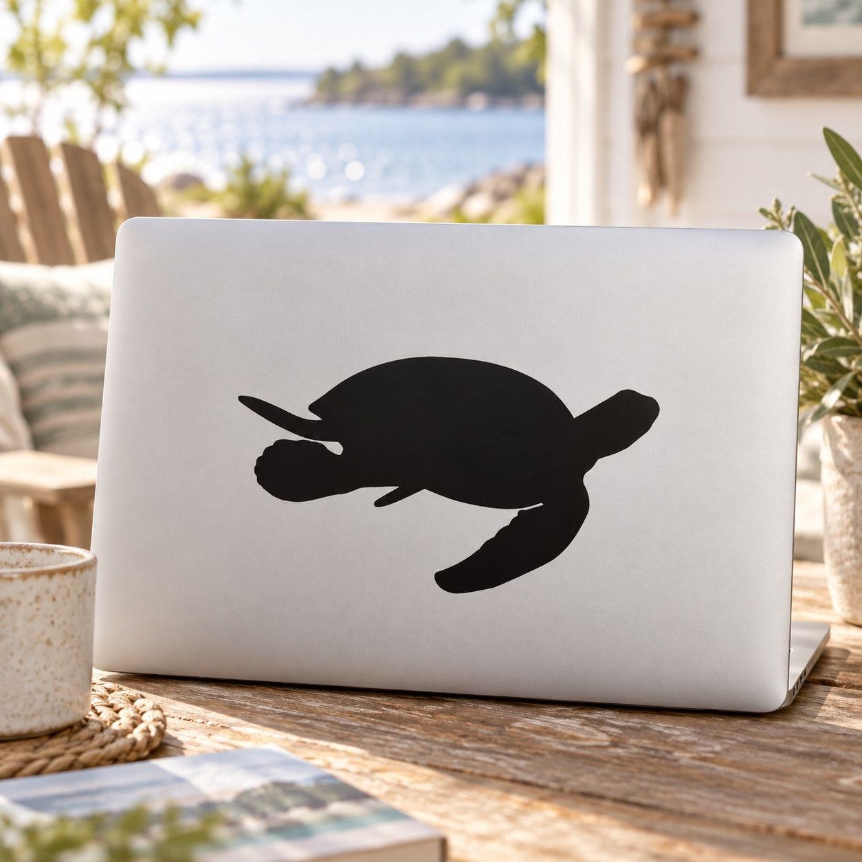 Sea turtle swimming decal with black silhouette on white surface
