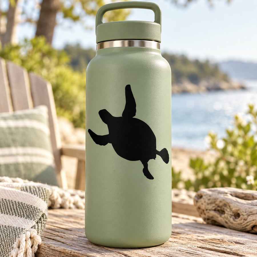 Sea turtle gliding decal silhouette on a light green bottle
