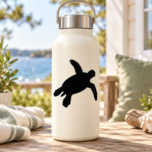 Sea turtle stretched arms decal on white water bottle