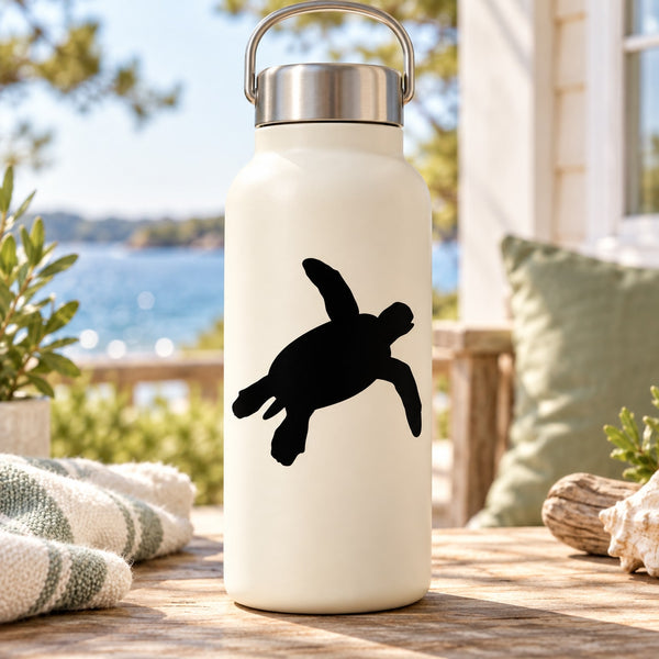 Sea turtle stretched arms decal on white water bottle