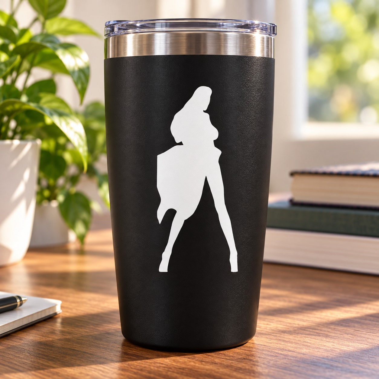 White silhouette of a woman in a flowing dress decal on black tumbler