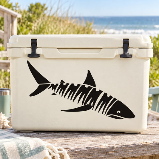 Shark decal with striped design, black silhouette on white surface
