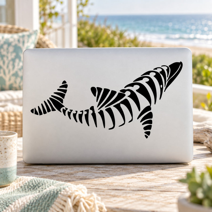 Striped shark decal sticker with turning pose, black-and-white graphic.