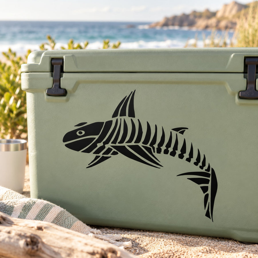 Shark skeleton decal on light green cooler