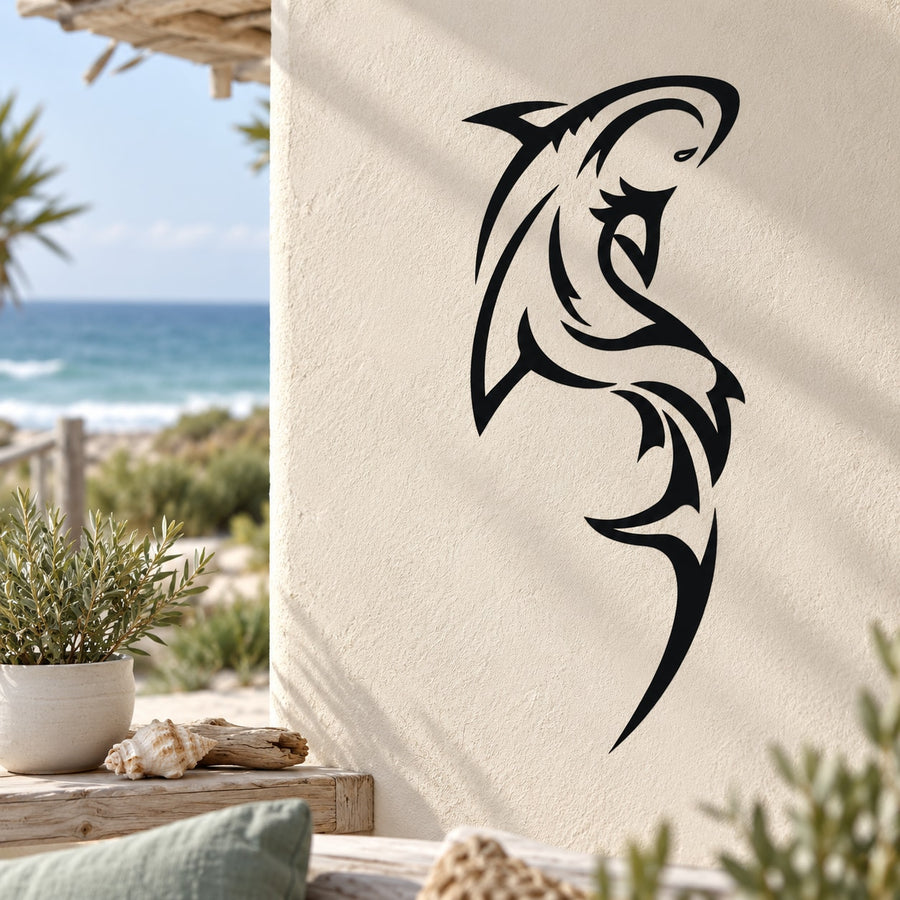 Black side-profile shark decal with sweeping tail, stylized vector design