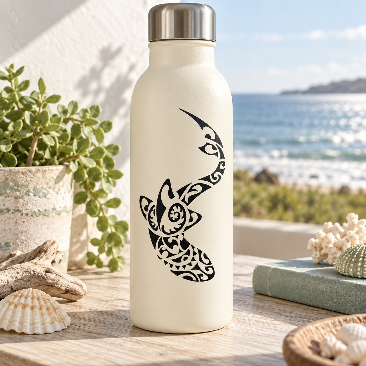 Cream water bottle with black tribal shark swimming decal on front