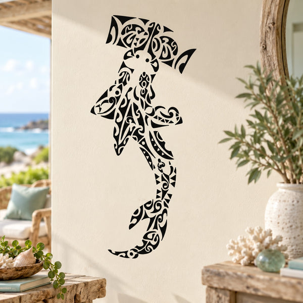 Black tribal hammerhead shark wall decal with ornate linework silhouette