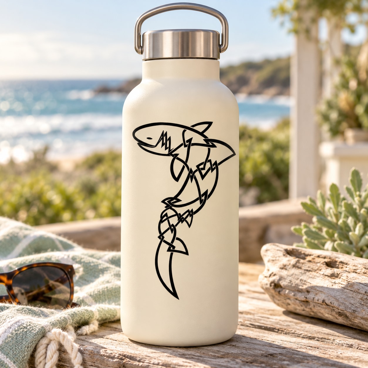 White water bottle with black barbed-wire shark decal, bold line-art design