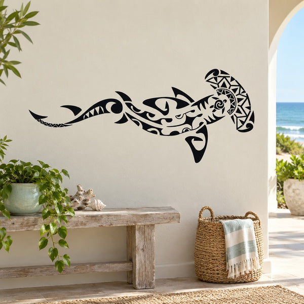 Hammerhead shark decal with tribal-style black-and-cream artwork