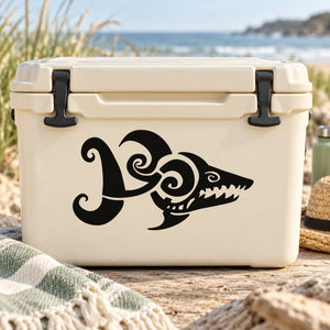 Beige cooler with black cartoon hungry shark decal
