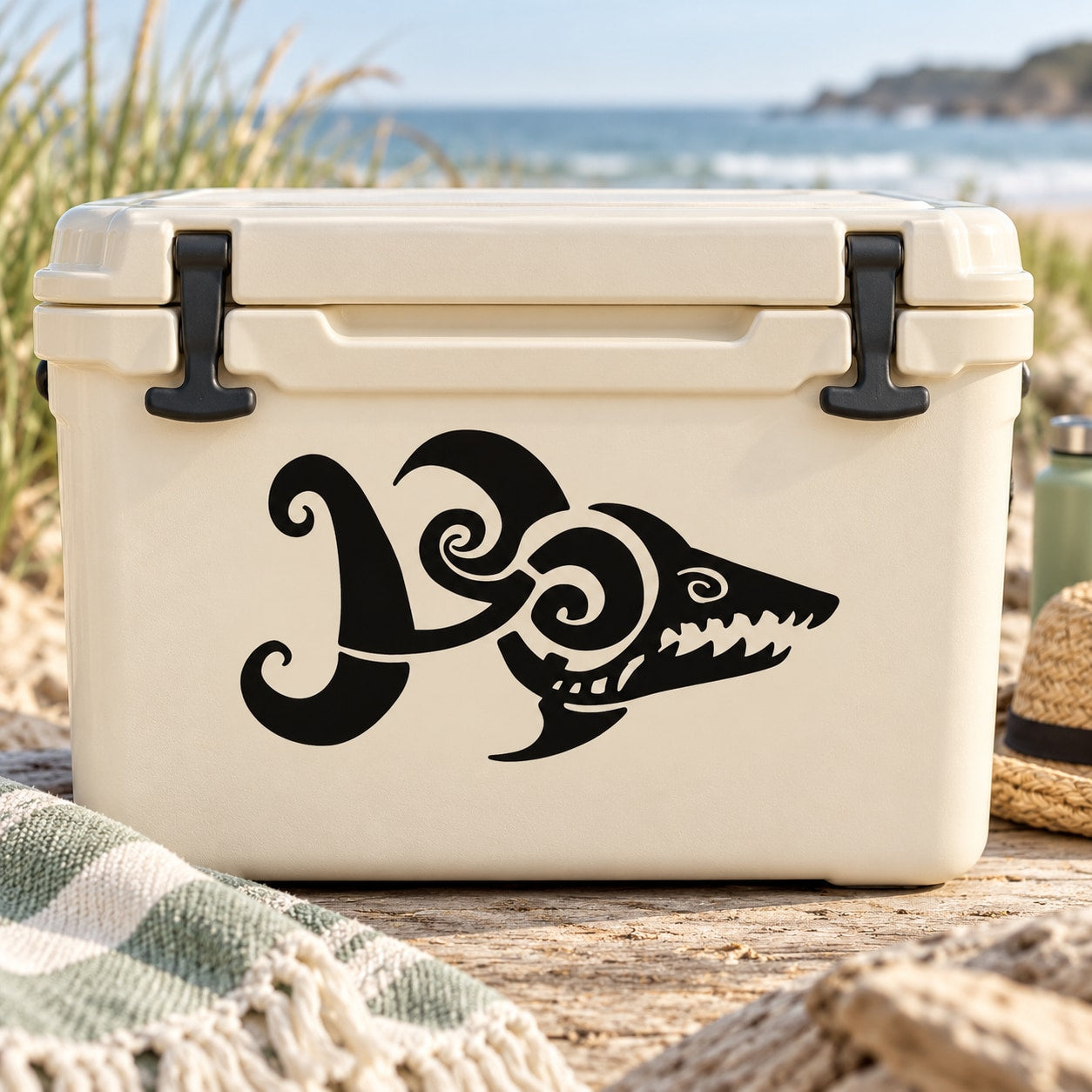 Beige cooler with black cartoon hungry shark decal