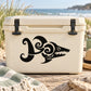 Beige cooler with black cartoon hungry shark decal