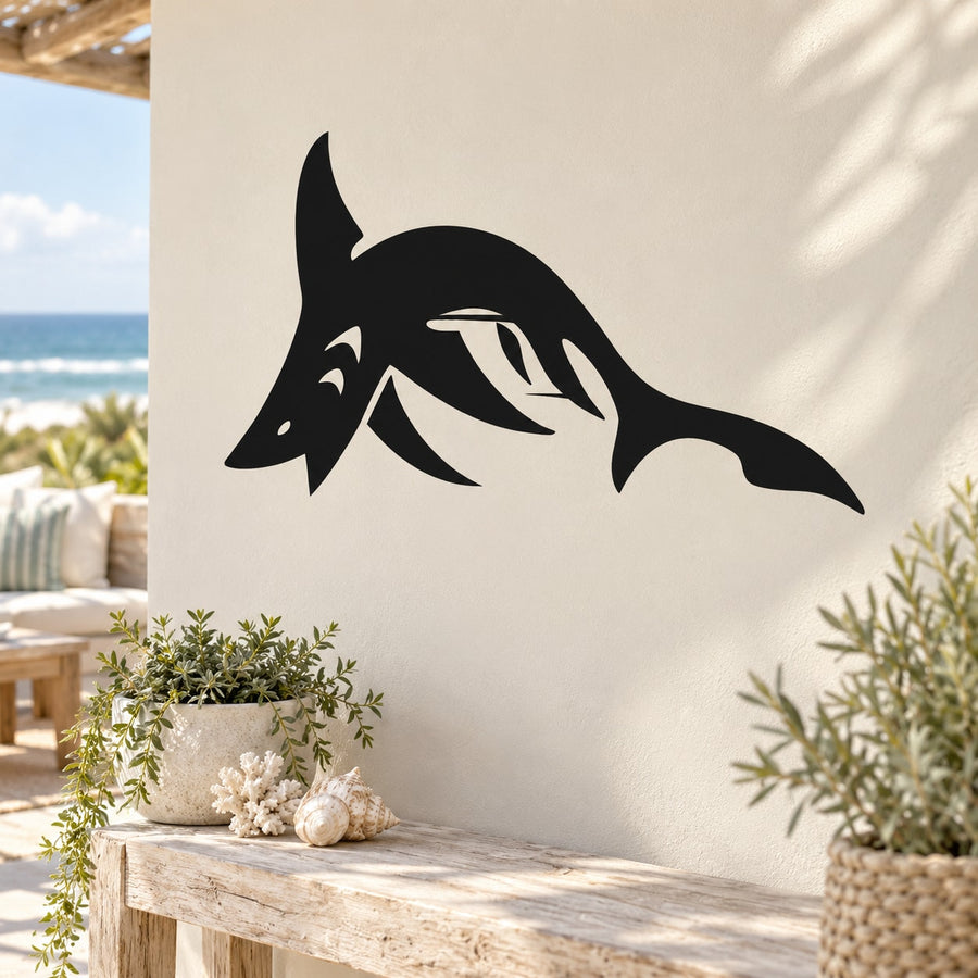 Black shark decal with stylized jumping pose