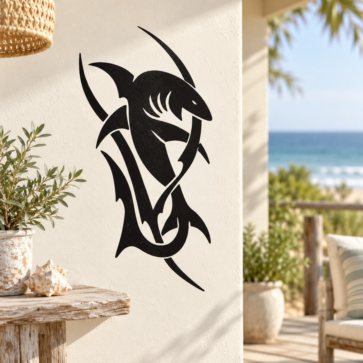 Black shark wall decal with seaweed motif, bold silhouette sticker
