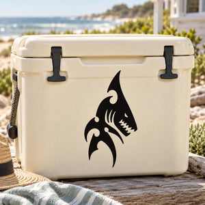 Nightmare shark decal with black roaring shark graphic on white cooler